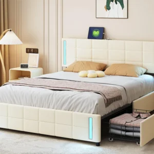 Cama com arrumação - 140 x 200 cm - 4 gavetas - tecido de linho - iluminação LED - base de ripas - bege