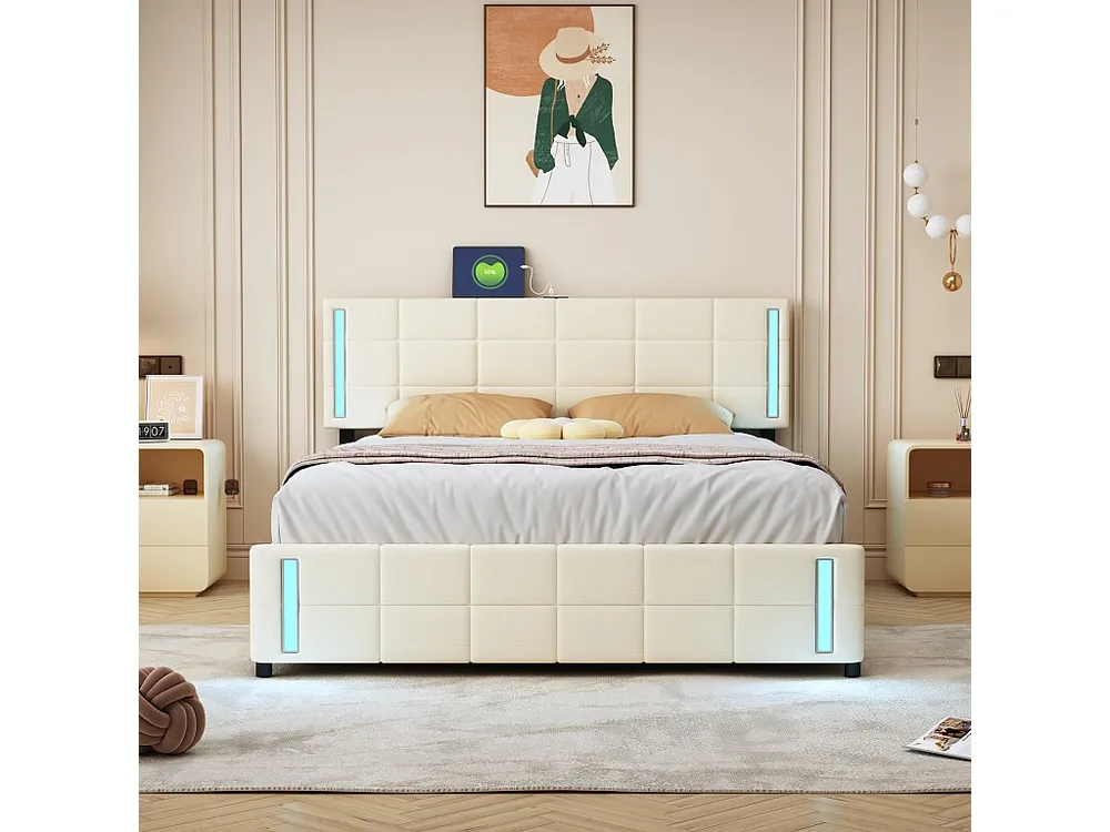 Cama com arrumação - 140 x 200 cm - 4 gavetas - tecido de linho - iluminação LED - base de ripas - bege