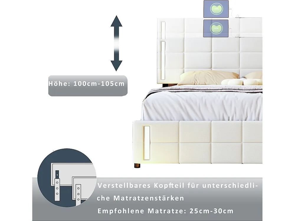 Cama com arrumação - 140 x 200 cm - 4 gavetas - tecido de linho - iluminação LED - base de ripas - bege