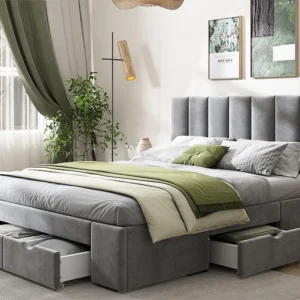 Cama com cabeceira - 140 x 200 cm - 4 gavetas - veludo - base de ripas - cor cinza