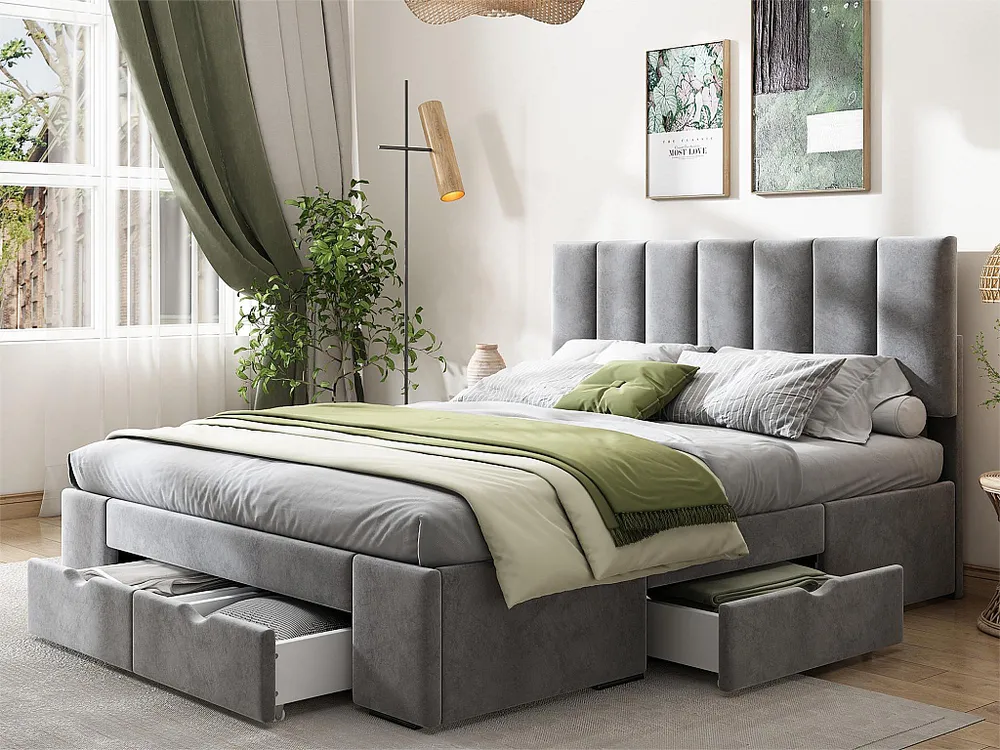 Cama com cabeceira - 140 x 200 cm - 4 gavetas - veludo - base de ripas - cor cinza