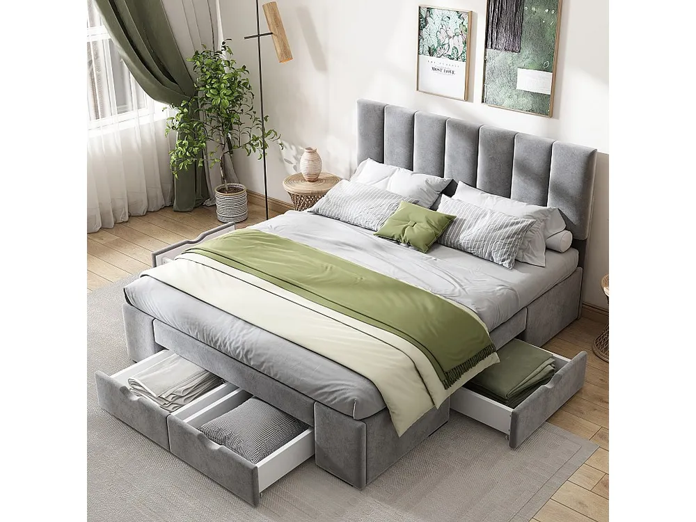 Cama com cabeceira - 140 x 200 cm - 4 gavetas - veludo - base de ripas - cor cinza