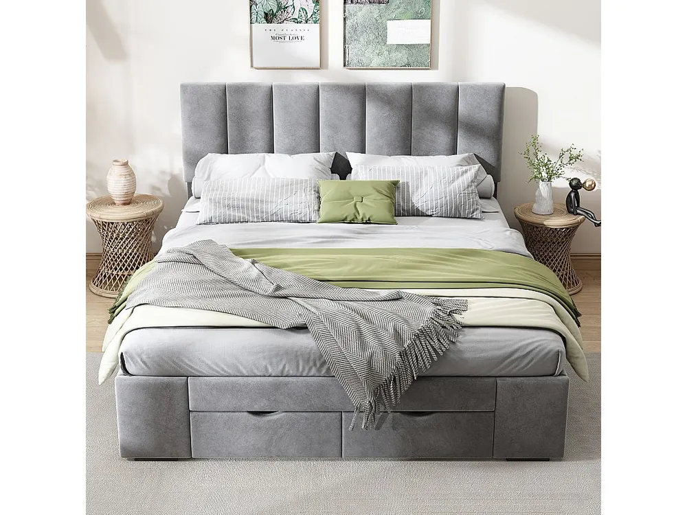 Cama com cabeceira - 140 x 200 cm - 4 gavetas - veludo - base de ripas - cor cinza