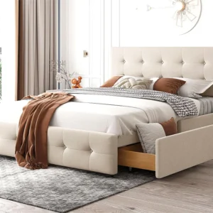 Cama com cabeceira ajustável e 4 gavetas de arrumação - 140 x 200 cm - tecido veludo - base de ripas - bege