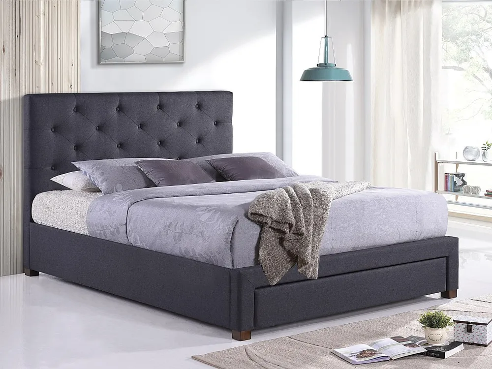 Cama com gavetas AGOSTINO - Tecido - 160x200 cm - Cinza com Cabideiro Incluso