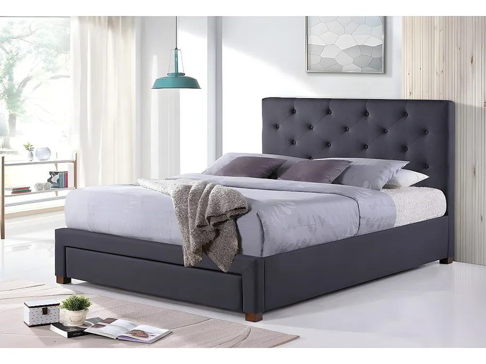 Cama com gavetas AGOSTINO - Tecido - 160x200 cm - Cinza com Cabideiro Incluso
