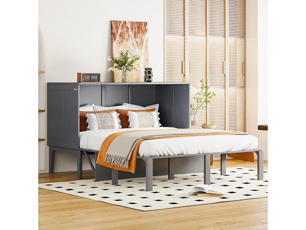 Cama dobrável vertical 140 x 200 cm - Madeira MDF - Base de ripas - Cinza