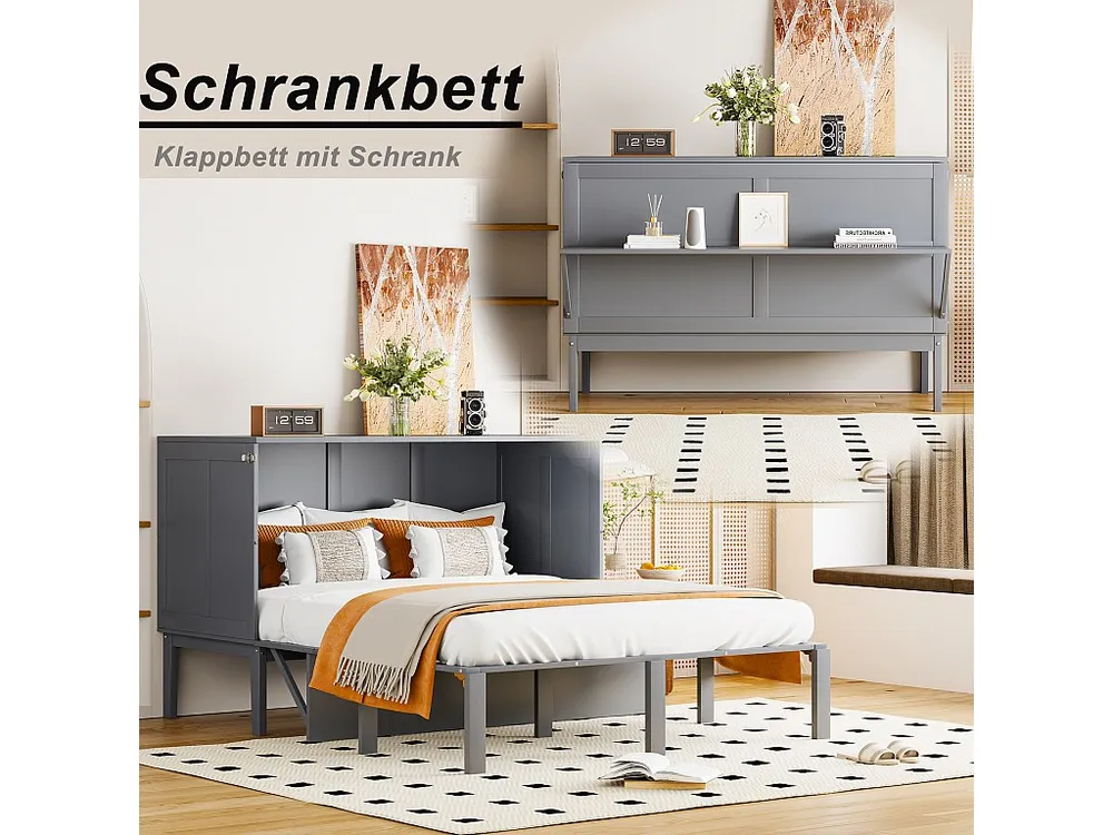 Cama dobrável vertical 140 x 200 cm - Madeira MDF - Base de ripas - Cinza