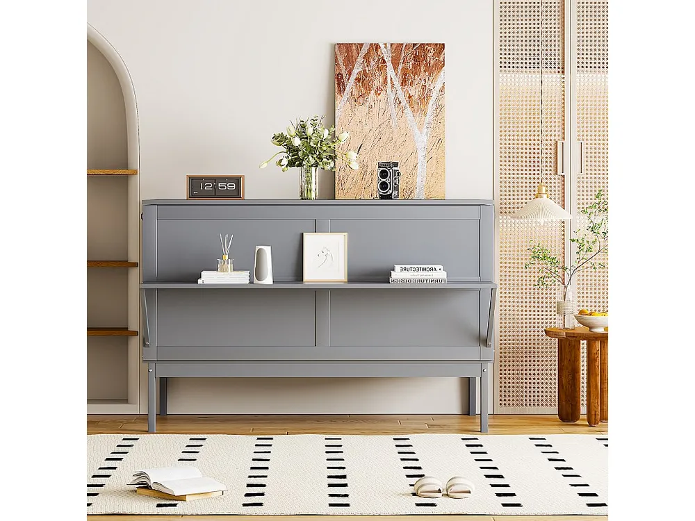 Cama dobrável vertical 140 x 200 cm - Madeira MDF - Base de ripas - Cinza