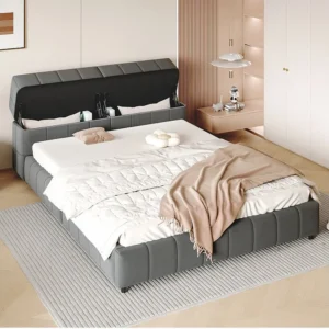 Cama estofada 140 x 200 cm, cabeceira com arrumação, tecido veludo, base de ripas, cinza