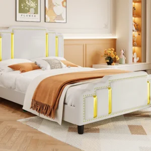 Cama estofada 140 x 200 cm com cabeceira - estilo luxo - tecido veludo - base de ripas - bege