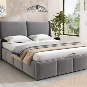 Cama estofada com arrumação 140x200cm em veludo - cama com arrumação com base de ripas - Cinzento