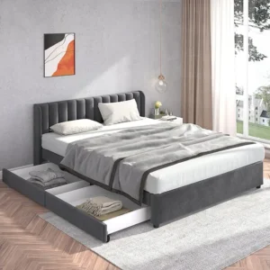 Cama estofada com cabeceira e 2 gavetas - 180 x 200 cm - tecido veludo - base de ripas - cinza