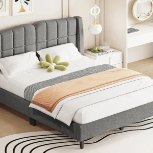 Cama estofada em linho 140x200cm - com bolso de arrumação e base de ripas - Cinzento