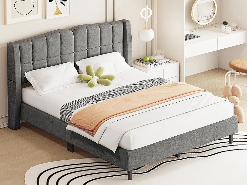 Cama estofada em linho 140x200cm - com bolso de arrumação e base de ripas - Cinzento