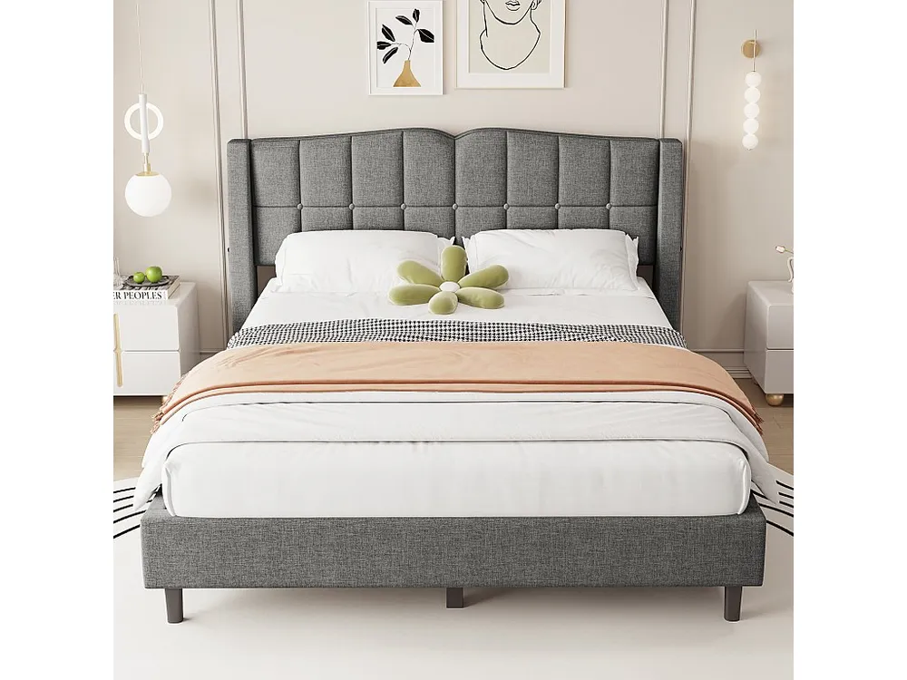 Cama estofada em linho 140x200cm - com bolso de arrumação e base de ripas - Cinzento