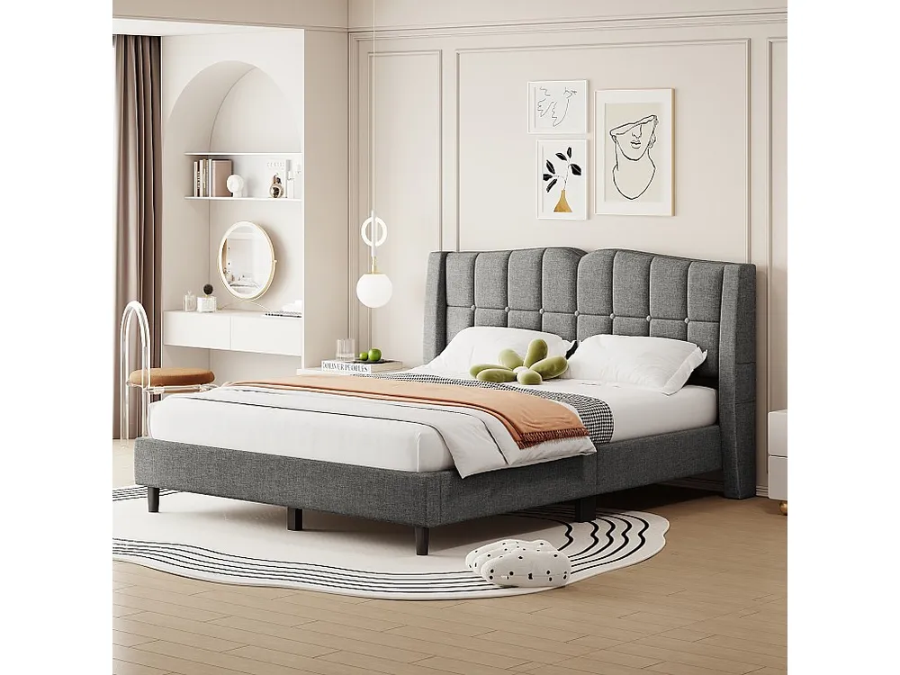 Cama estofada em linho 140x200cm - com bolso de arrumação e base de ripas - Cinzento
