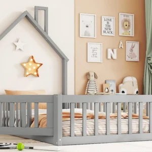 Cama infantil 90x200cm em madeira maciç - com base de ripas - Cinza