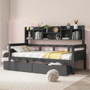 Cama de madeira maciç 90 x 200 cm - 2 gavetas e estante - base de ripas - cinza