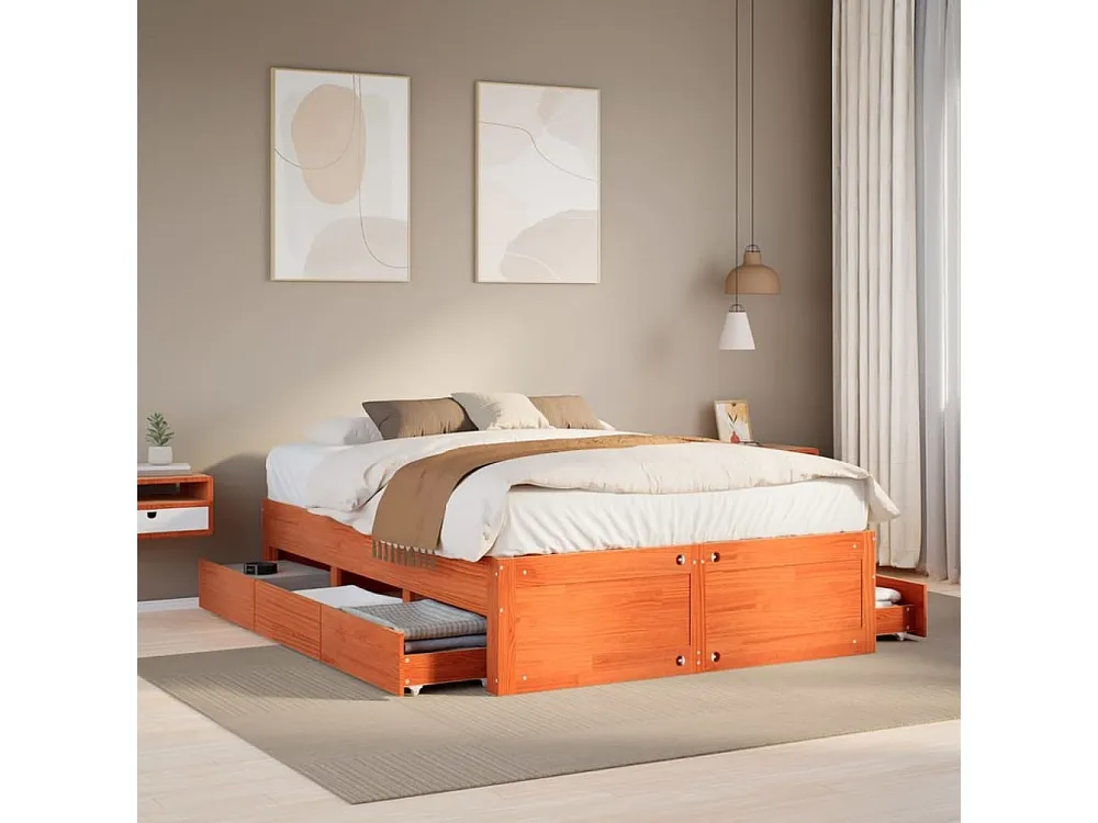 Cama sem colchão com gavetas madeira pinho maciç castanho-mel