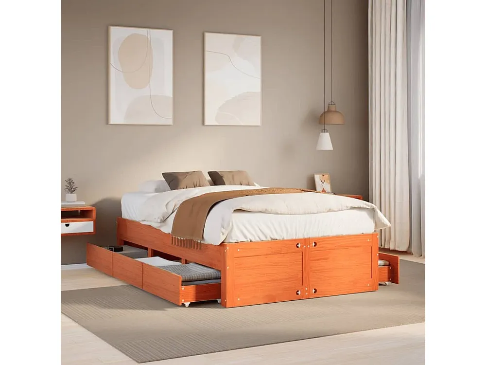 Cama sem colchão com gavetas madeira pinho maciç castanho-mel