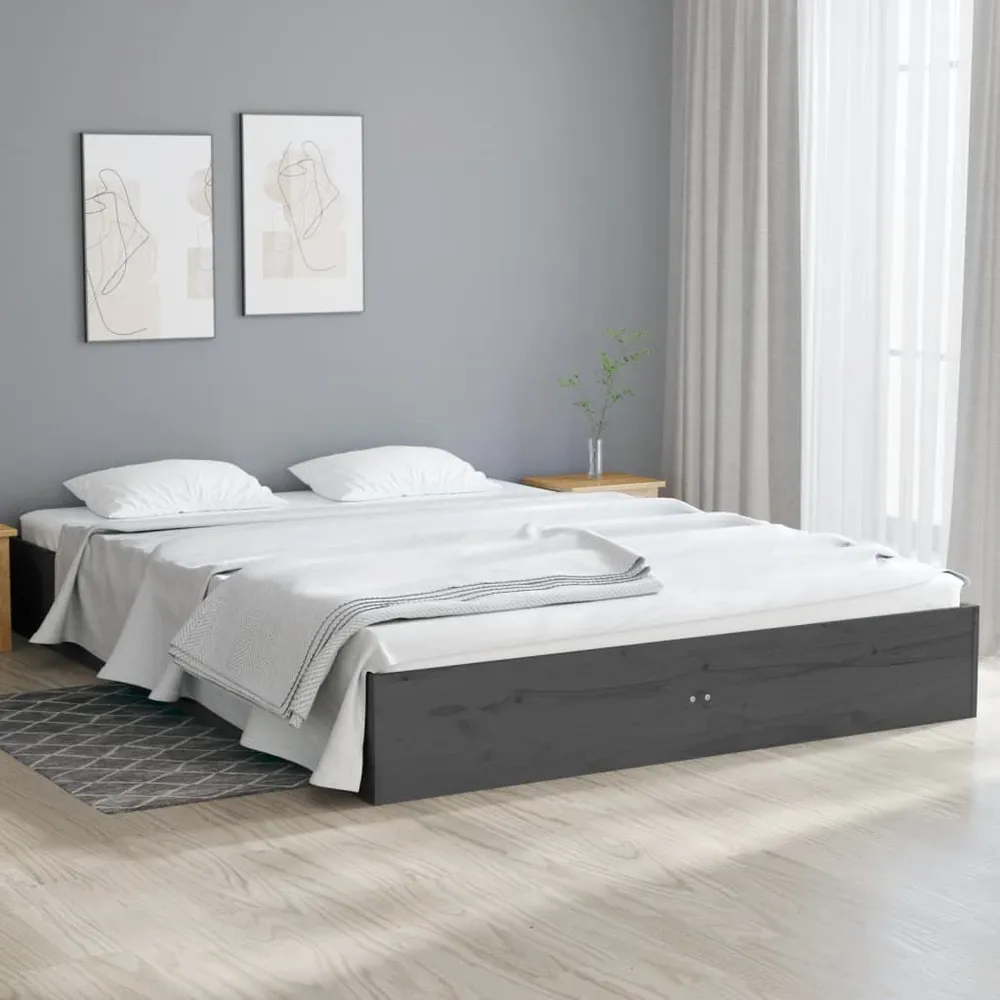 Estrutura de cama casal 135x190 cm madeira maciç cinzento
