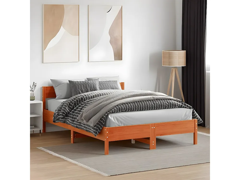 Estrutura cama com cabeceira 140x190cm pinho maciço castanho-mel