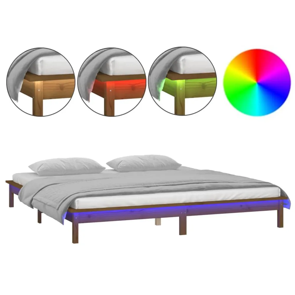 Estrutura de cama com LEDs 160x200cm madeira maciç castanho mel