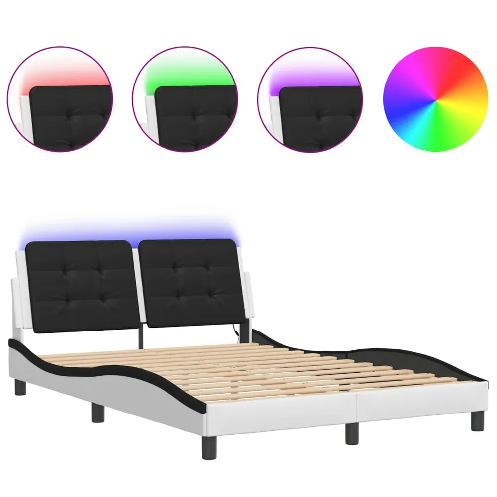 Estrutura cama com luzes LED 140x190cm couro artif. branco/preto
