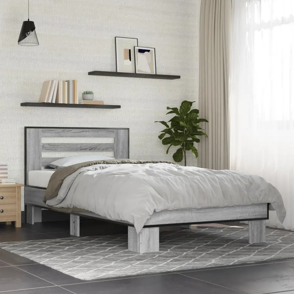 Estrutura de cama derivados de madeira e metálico cinzento sonoma
