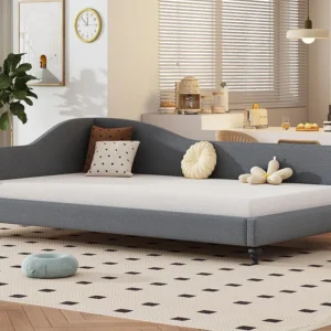 Sofá cama 90x200cm em tecido de linho - com base de ripas - Cinza