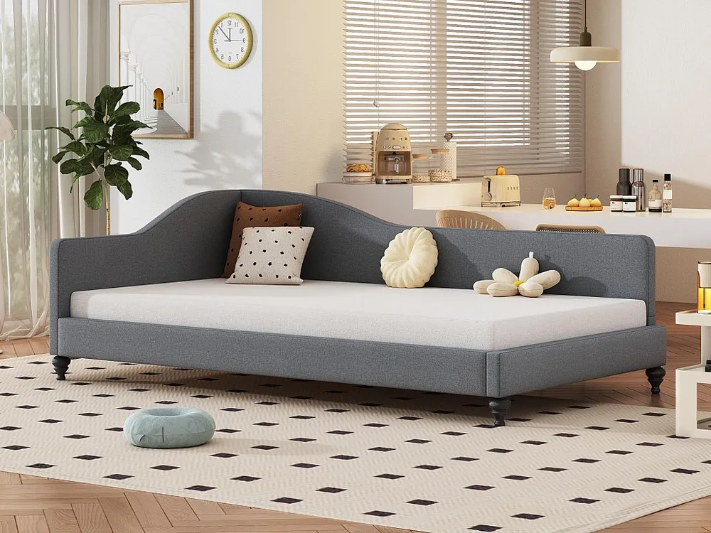 Sofá cama 90x200cm em tecido de linho - com base de ripas - Cinza