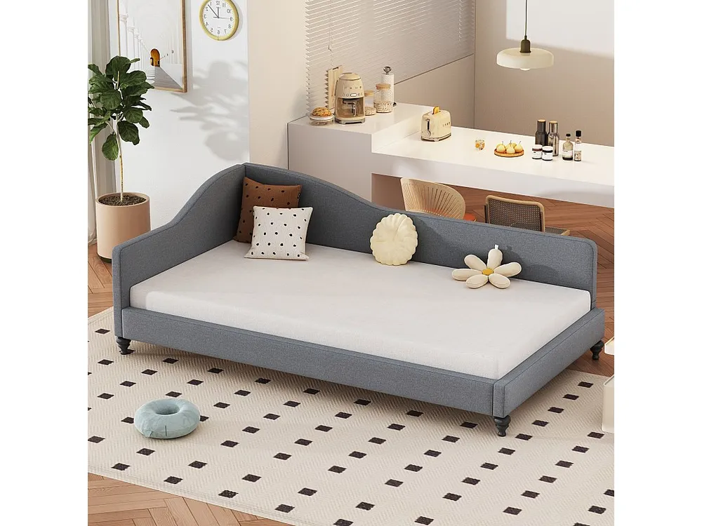 Sofá cama 90x200cm em tecido de linho - com base de ripas - Cinza