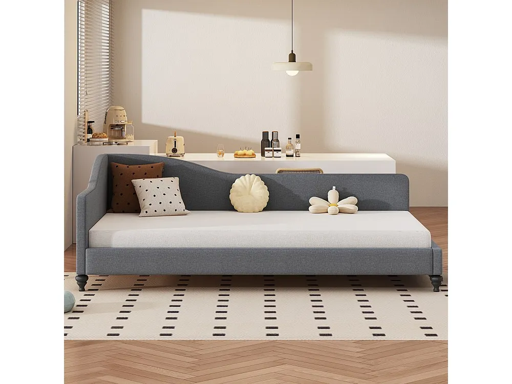 Sofá cama 90x200cm em tecido de linho - com base de ripas - Cinza
