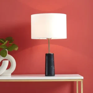 Candeeiro de mesa estilo vintage MERPLE - Mármore preto e tecido branco - A51 cm OZAIA