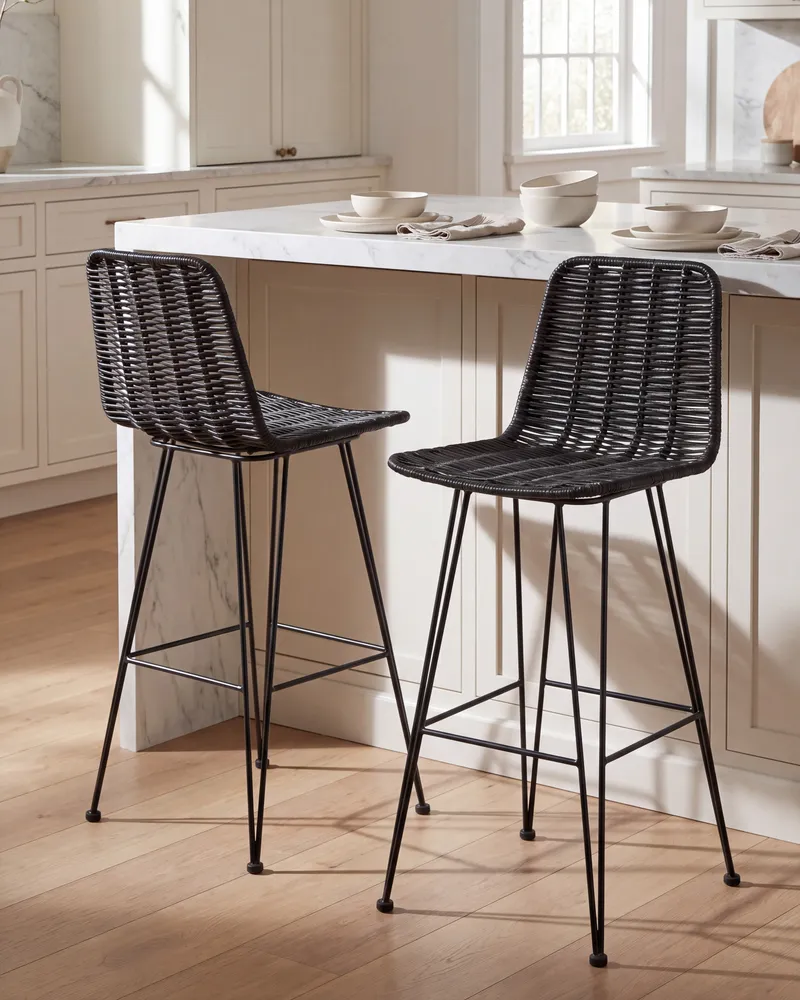 Bar Chair Set 2 Rattan Negro CASSITA