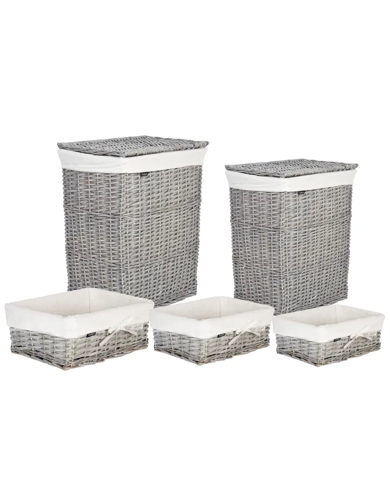 Conjunto de 5 cestos de roupa em madeira branca ELLA com Tampas