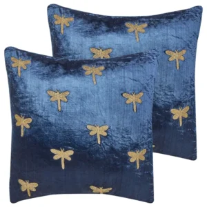 Set 2 Embroidered Velvet Cushions Dragonfly Motif 45 x 45 cm Navy Marinho BLUESTEM
