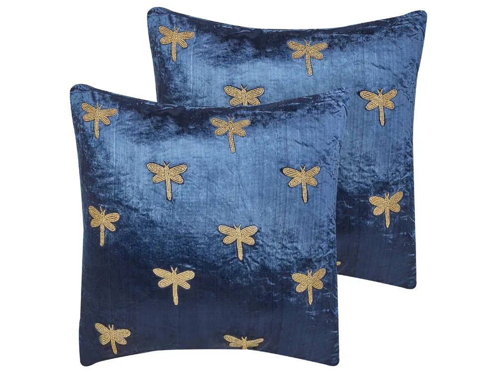 Set 2 Embroidered Velvet Cushions Dragonfly Motif 45 x 45 cm Navy Marinho BLUESTEM