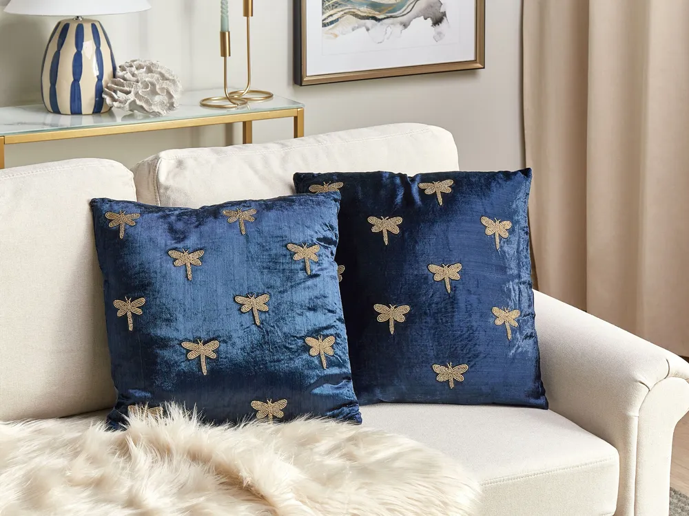 Set 2 Embroidered Velvet Cushions Dragonfly Motif 45 x 45 cm Navy Marinho BLUESTEM