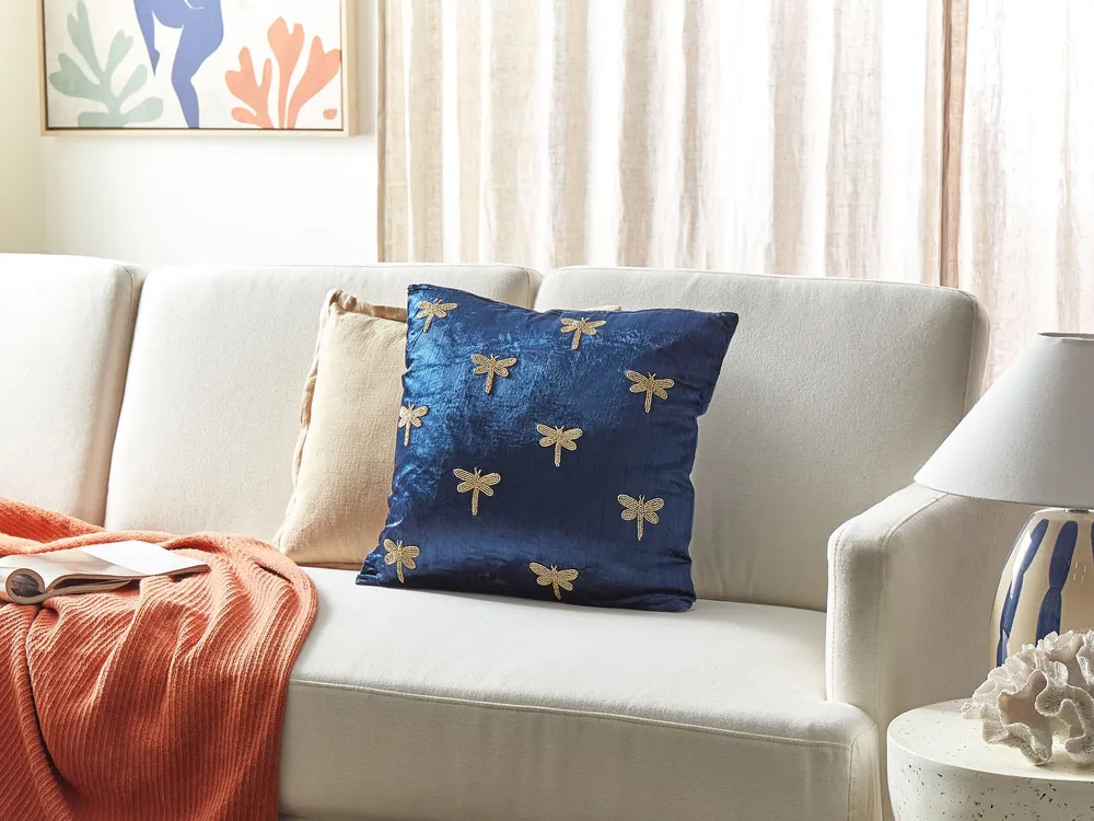 Set 2 Embroidered Velvet Cushions Dragonfly Motif 45 x 45 cm Navy Marinho BLUESTEM