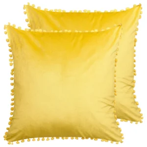 Set 2 Velvet Cushions Pom Poms 45 x 45 cm Yellow AERANGIS
