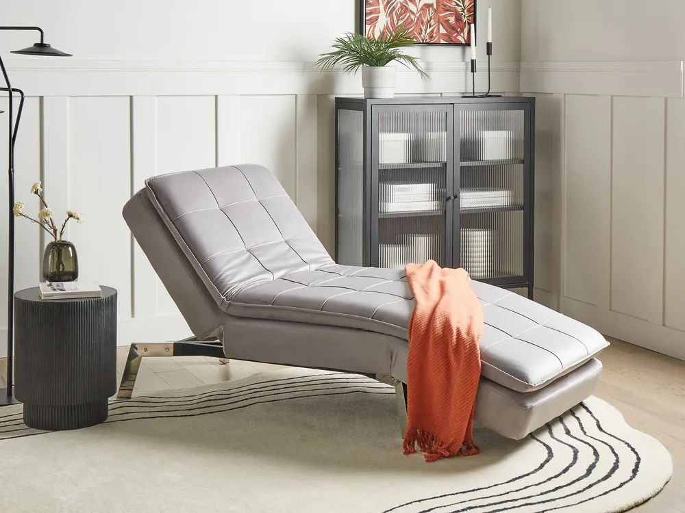 Design Premium Chaise-longue ajustável em veludo cinzento nítido LOIRET