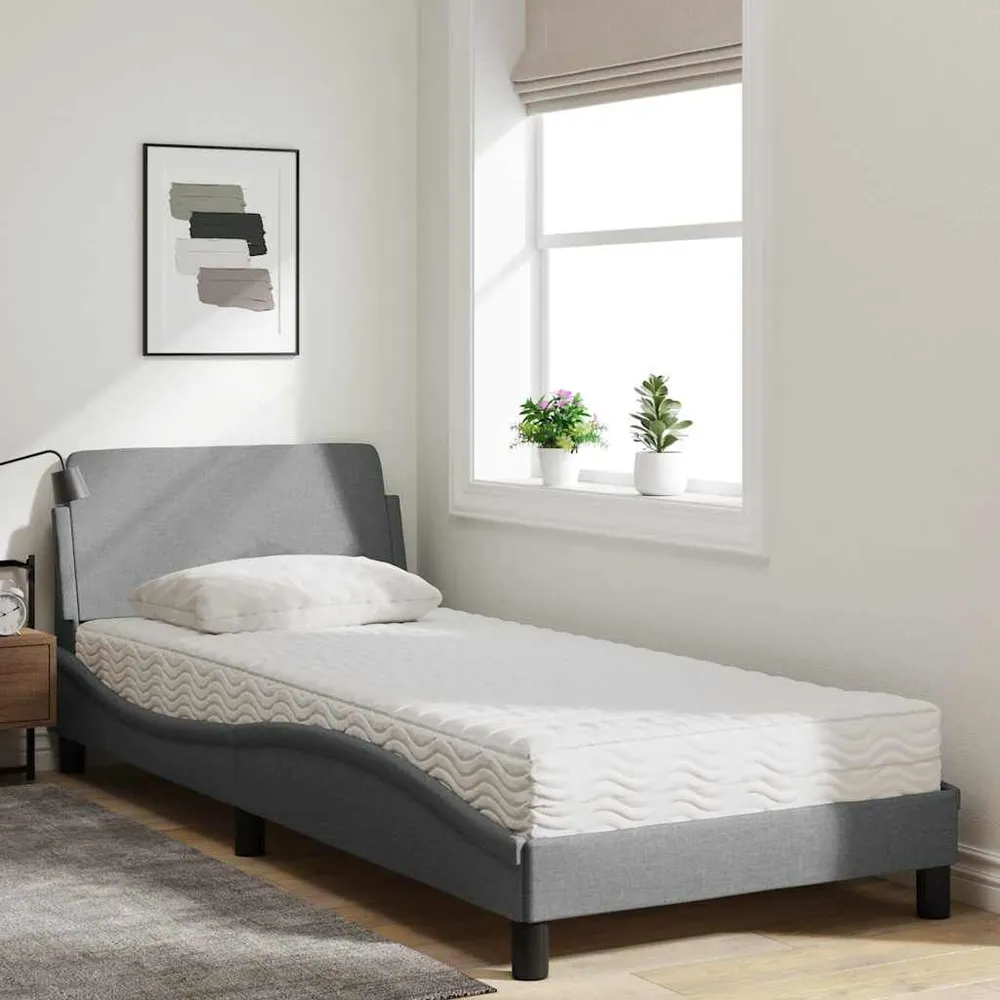 Cama com colchão 90x200 cm tecido cinzento-claro com Camada de Flocado