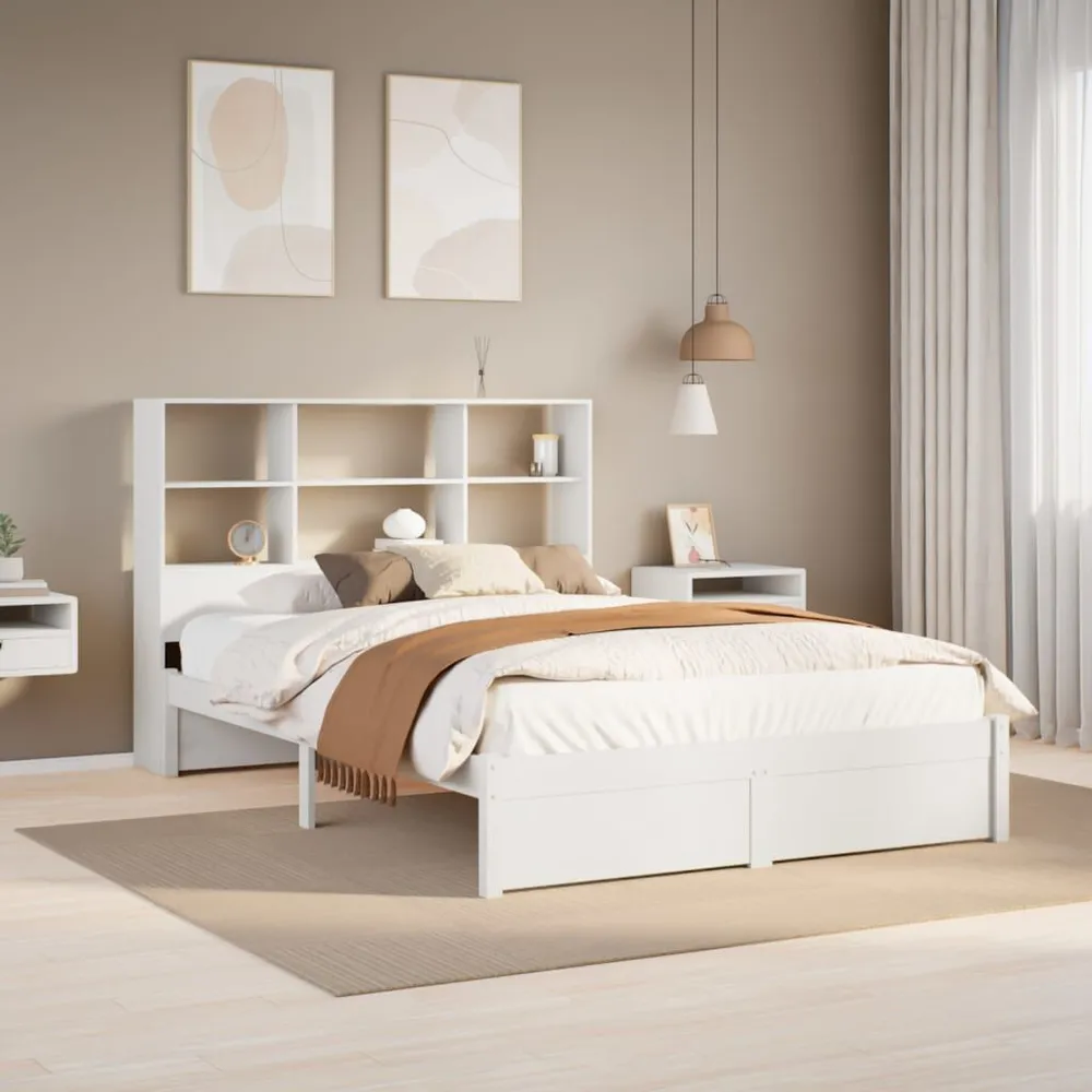 Cama com estante sem colchão 140x190 cm pinho maciço branco Portátil e Dobrável