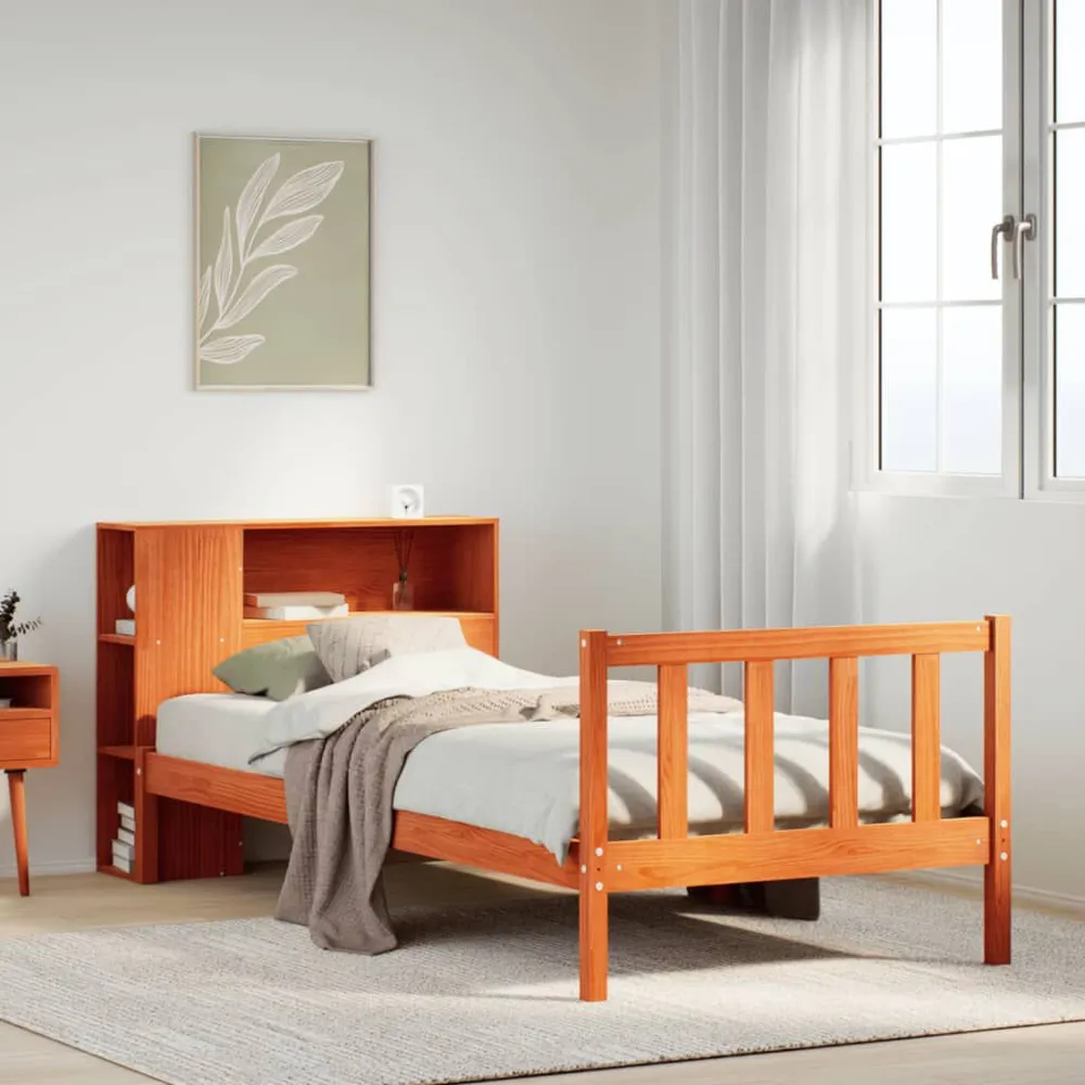 Cama com estante sem colchão 75x190cm pinho maciço castanho-mel para Camping e Trilhas
