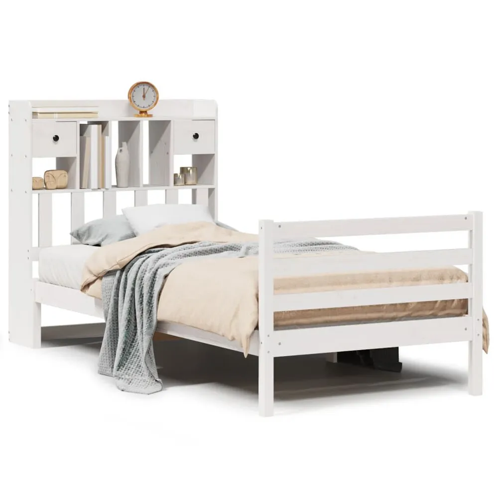 Cama com estante sem colchão 90x190 cm pinho maciço branco | Inflação Rápida |