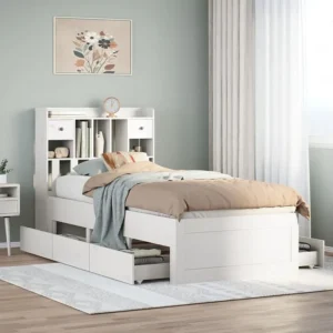 Cama com estante sem colchão 90x200 cm pinho maciço branco Portátil e Dobrável