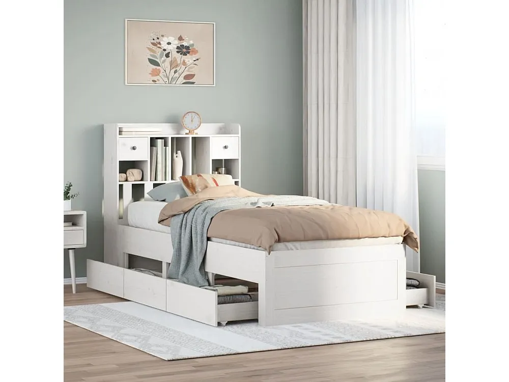 Cama com estante sem colchão 90x200 cm pinho maciço branco Portátil e Dobrável