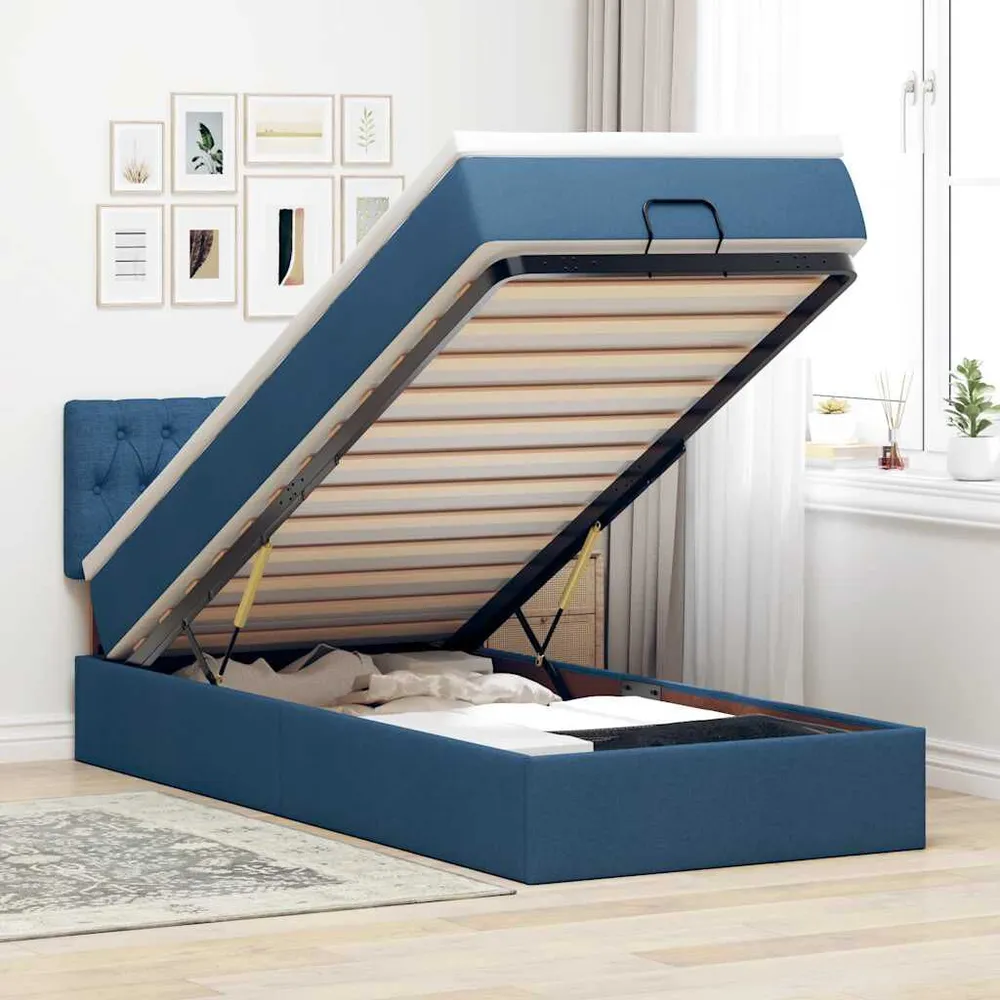 Premium Impermeável Cama Otomana com Colchão & LEDs Tecido Azul 90x200 cm